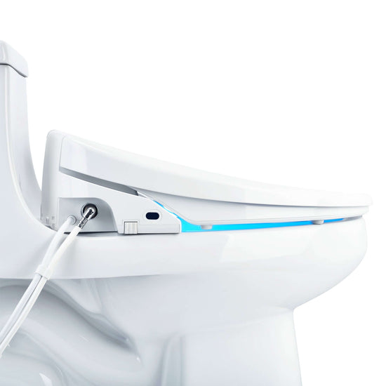 Swash 1400 Luxury Smart Bidet Toilet Seat with Remote Control - Side view of seat installed on toilet with lid down and night light on