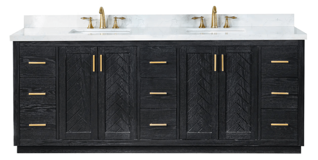 Altair Gazsi 84" Free Standing Double Basin Vanity with Black Solid Wood Cabinet and Engineered Stone Top