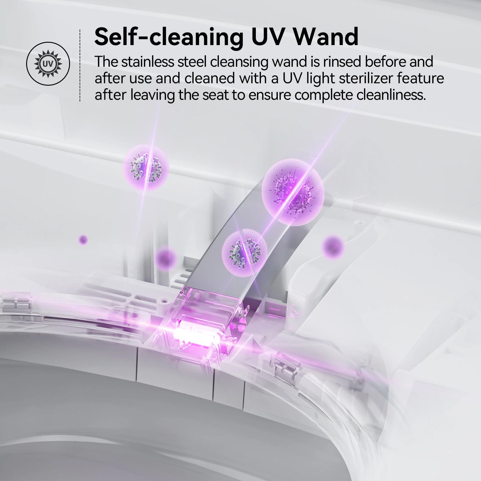 Self-cleaning UV Wand of HOROW T03 Smart Toilet ensures complete cleanliness with UV sterilization features.