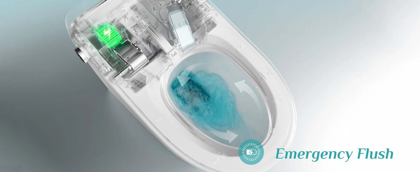 Close-up of the Horow T33 Luxury Smart Bidet Toilet showing the emergency flush feature in action.