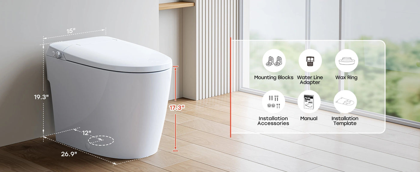 Horow T30 Non-Electric Bidet Toilet dimensions and installation accessories information displayed.