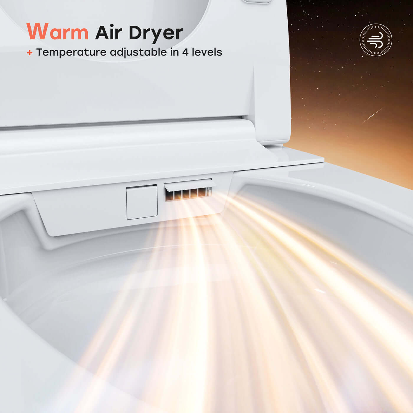 Warm air dryer feature of the Horow T33 Luxury Smart Bidet Toilet with adjustable temperature settings.
