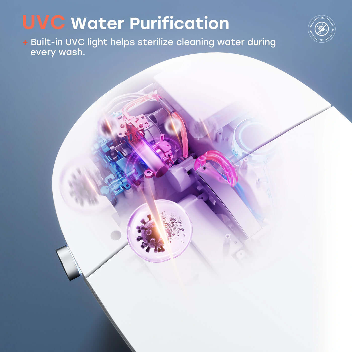 UVC water purification feature of Horow T33 Smart Bidet Toilet, showcasing built-in UVC light for sterilizing water.