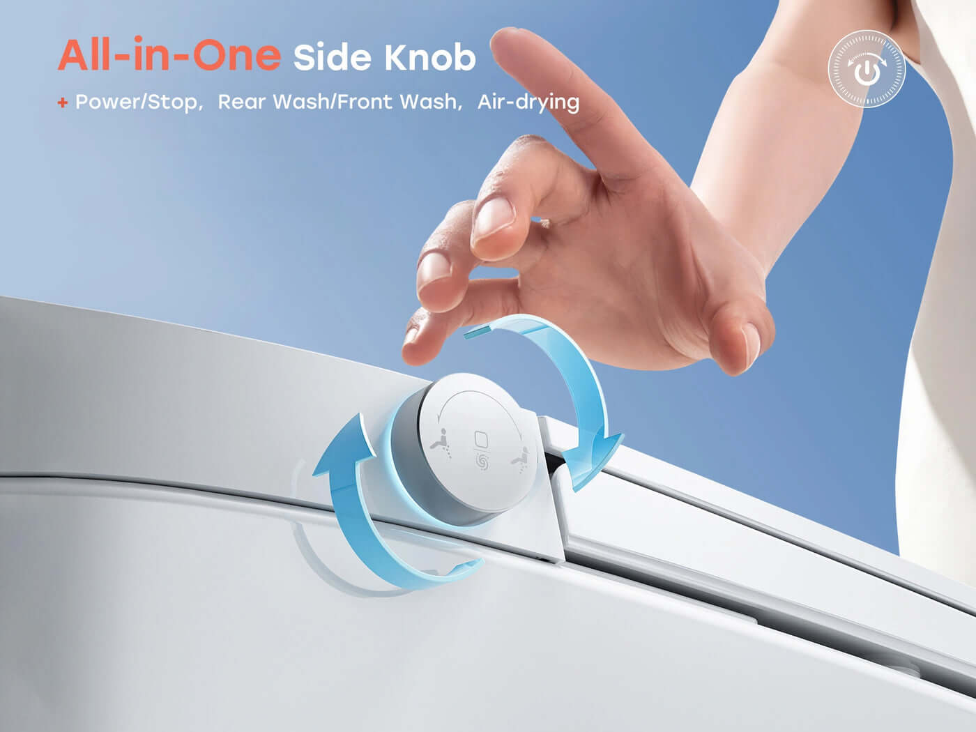 Close-up of the Horow T33 Smart Bidet Toilet's all-in-one side knob for power, wash, and air-drying functions.