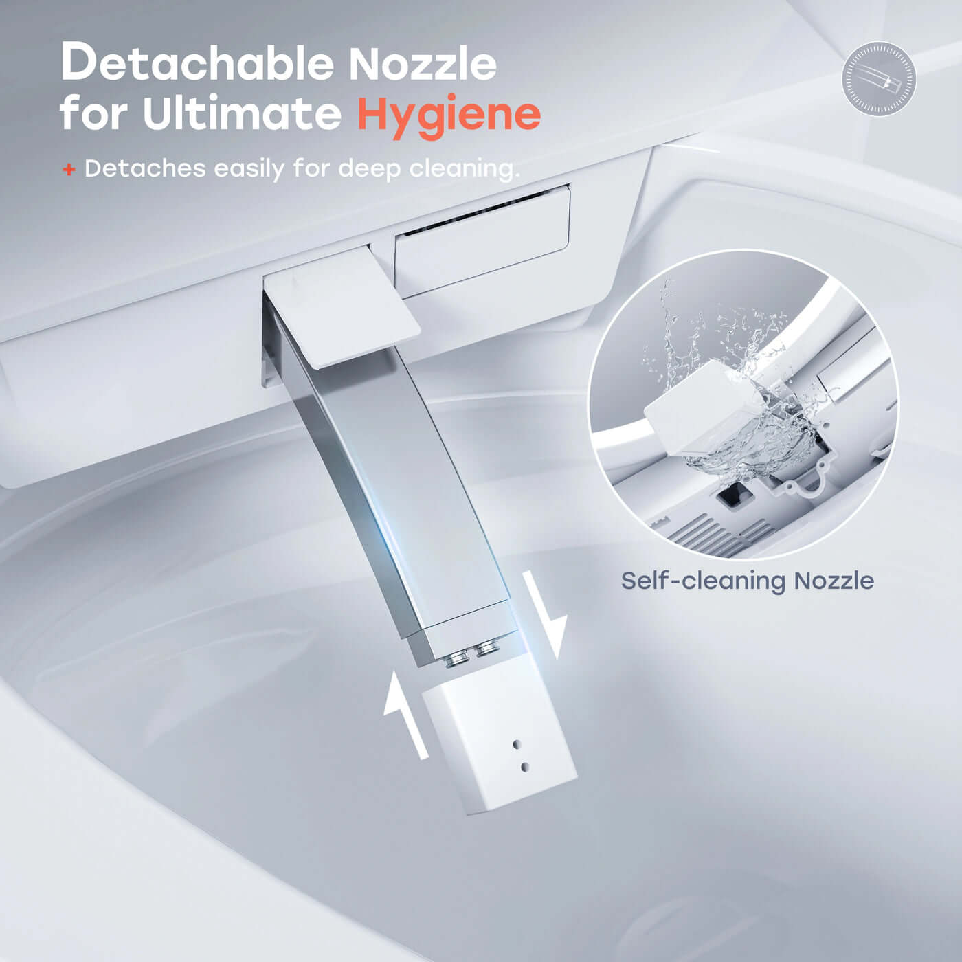 Detachable nozzle of the Horow T33 Luxury Smart Bidet Toilet, designed for ultimate hygiene and easy deep cleaning.