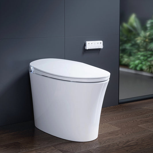 Horow T33 White smart toilet in a modern bathroom with a wood floor and tile walls