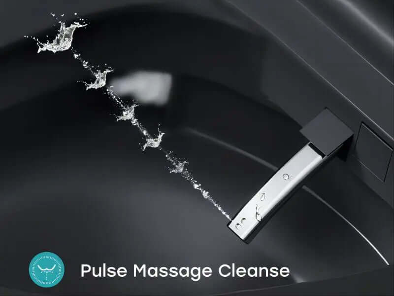Close-up of the Horow T36 smart toilet's Pulse Massage Cleanse feature, showcasing a stylish black finish and water spray.