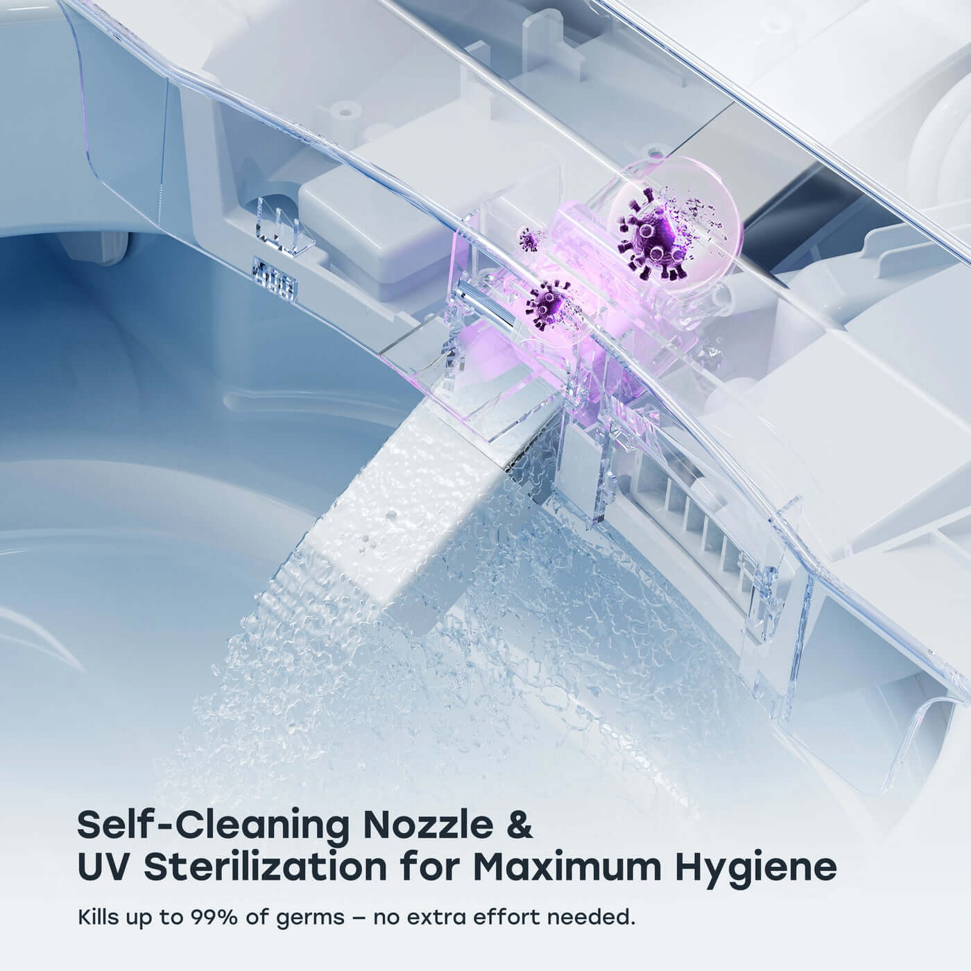Diagram of a self-cleaning nozzle and UV sterilization system with a virus particle being destroyed.