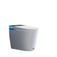 White smart tankless toilet with blue accent on a black background