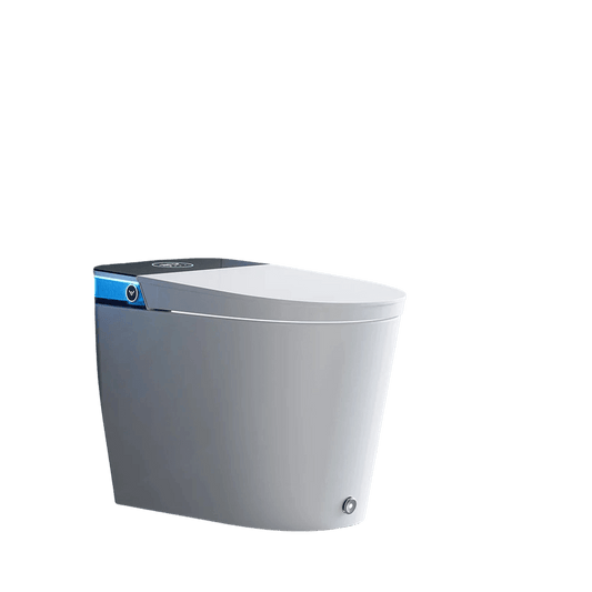 White smart tankless toilet with blue accent on a black background