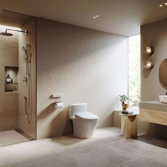 TOTO Washlet® Electronic Contemporary Elongated Soft-Close Bidet Seat - showing seat installed on a toilet in a beautiful bathroom