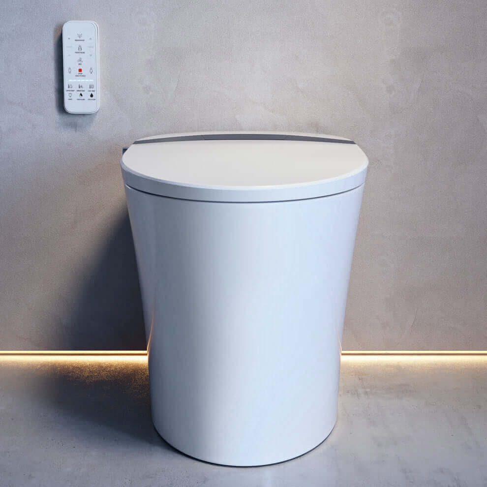 Swiss Madison Viro V15 Signature Smart Bidet Toilet with sleek design and remote control on wall.