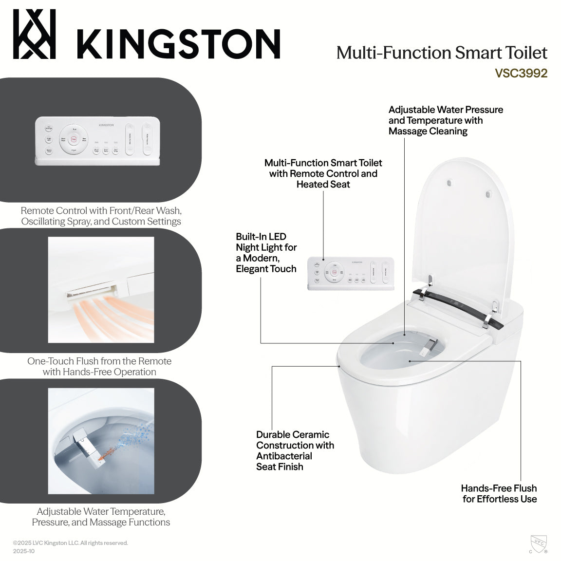 Kingston Brass Upton Smart Toilet with UV Sterilization, Auto Lid, Air Dryer