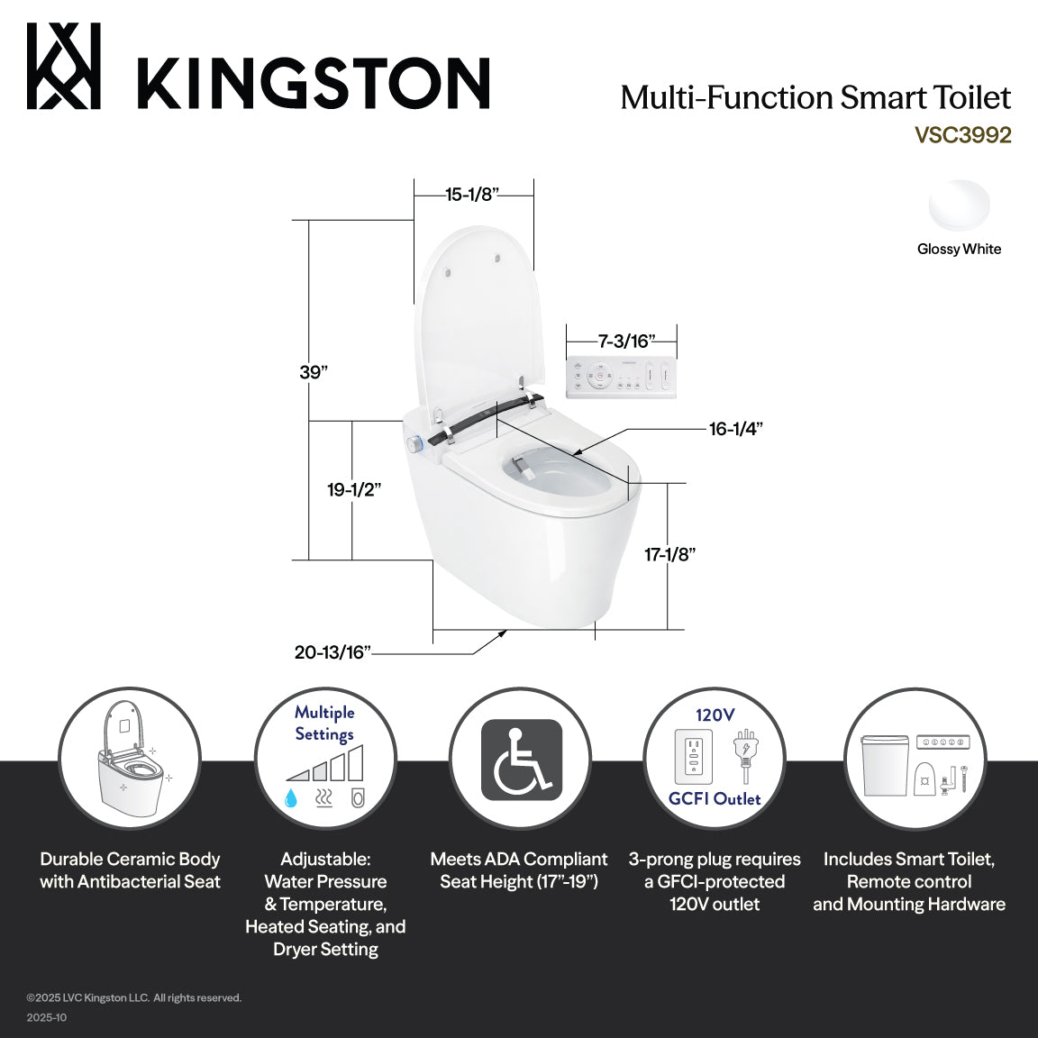 Kingston Brass Upton Smart Toilet with UV Sterilization, Auto Lid, Air Dryer