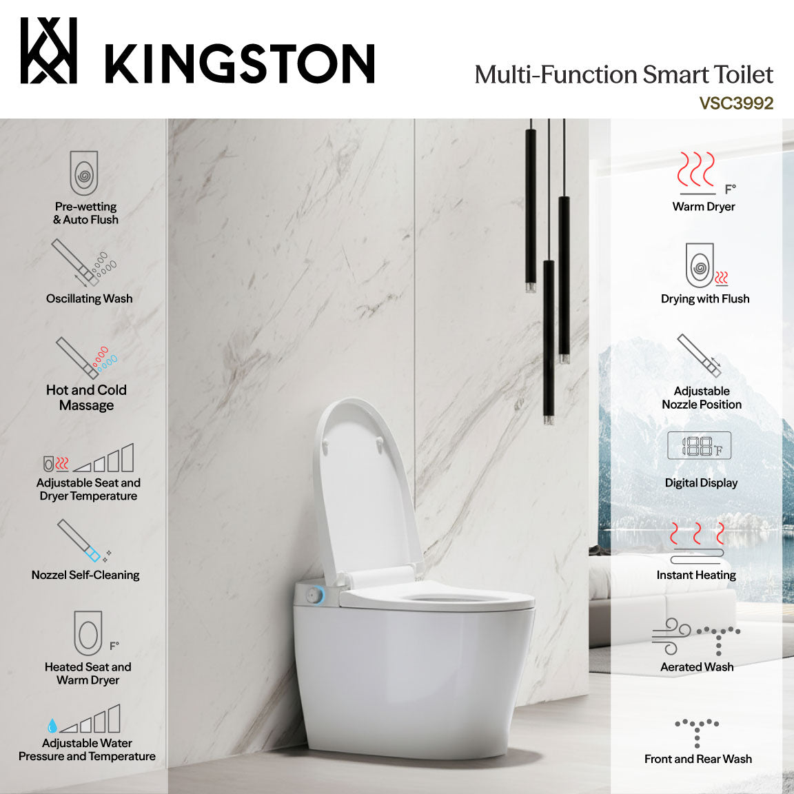 Kingston Brass Upton Smart Toilet with UV Sterilization, Auto Lid, Air Dryer