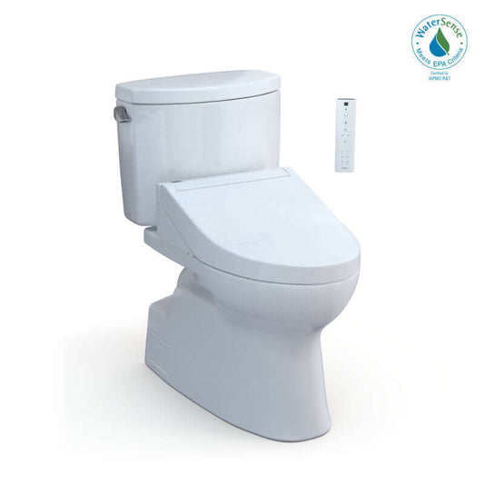 White toilet on white background with remote