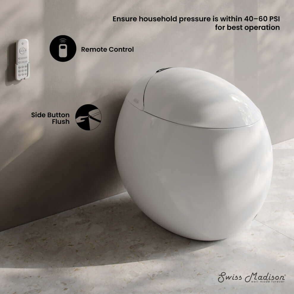 Swiss Madison Plaisir Round Smart Bidet Toilet with remote control and side button flush features.