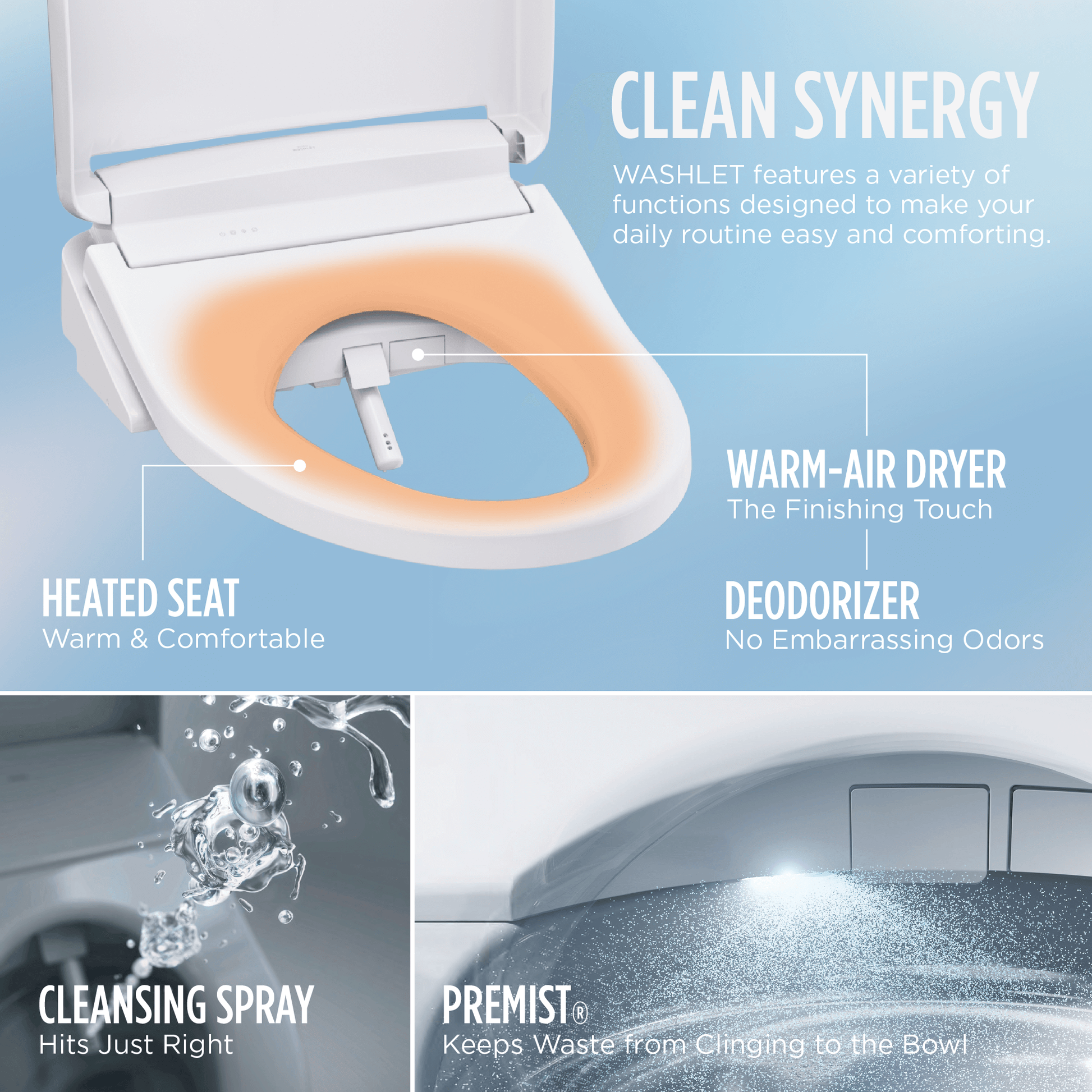 TOTO Washlet S2 Bidet Seat features heated seat, warm-air dryer, deodorizer, and cleansing spray technology.