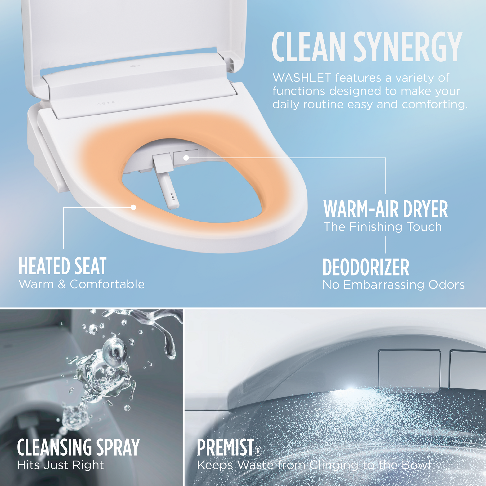 TOTO Guinevere Washlet+ S2 Bidet Toilet features warm-air dryer, heated seat, deodorizer, cleansing spray, and Premist for comfort.
