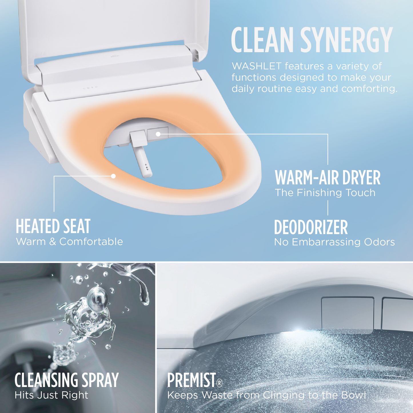 TOTO Guinevere Washlet+ S2 Bidet Toilet features warm-air dryer, heated seat, deodorizer, cleansing spray, and Premist for comfort.