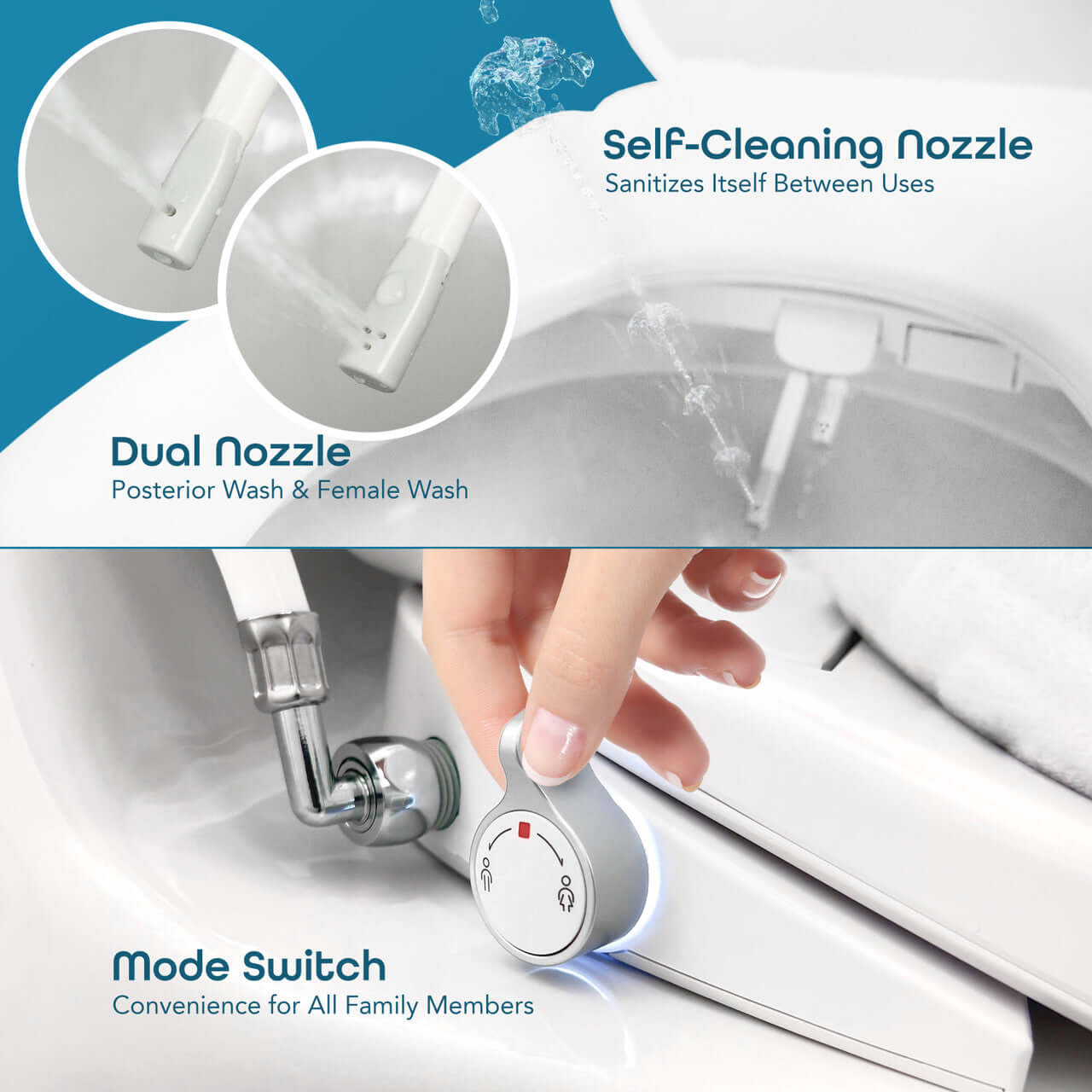 Image showing BidetMate 700 Series features: Self-cleaning nozzle, dual nozzle for posterior and female wash, and mode switch.