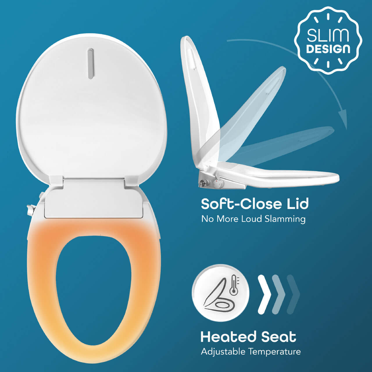 BidetMate 700 Series toilet seat showing soft-close lid and heated seat features in a slim design.