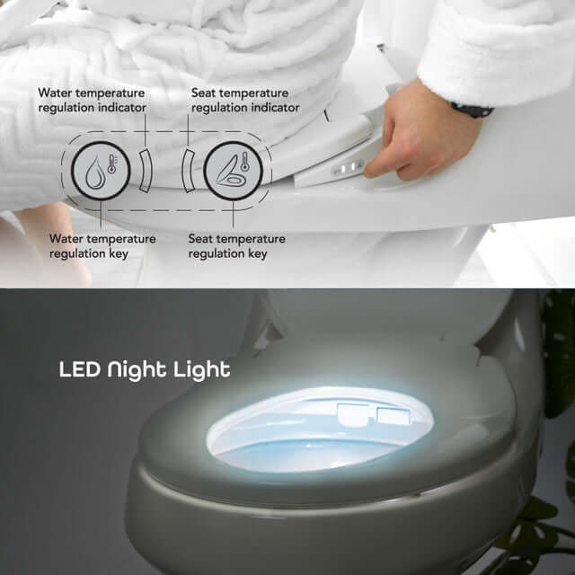 Close-up of BidetMate 700 Series controls showing water and seat temperature regulation, with LED night light feature.