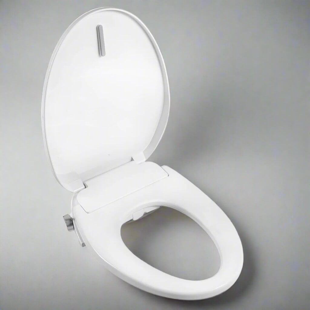 BidetMate 700 Series Electronic Smart Bidet Toilet Seat with open lid on a gray background.