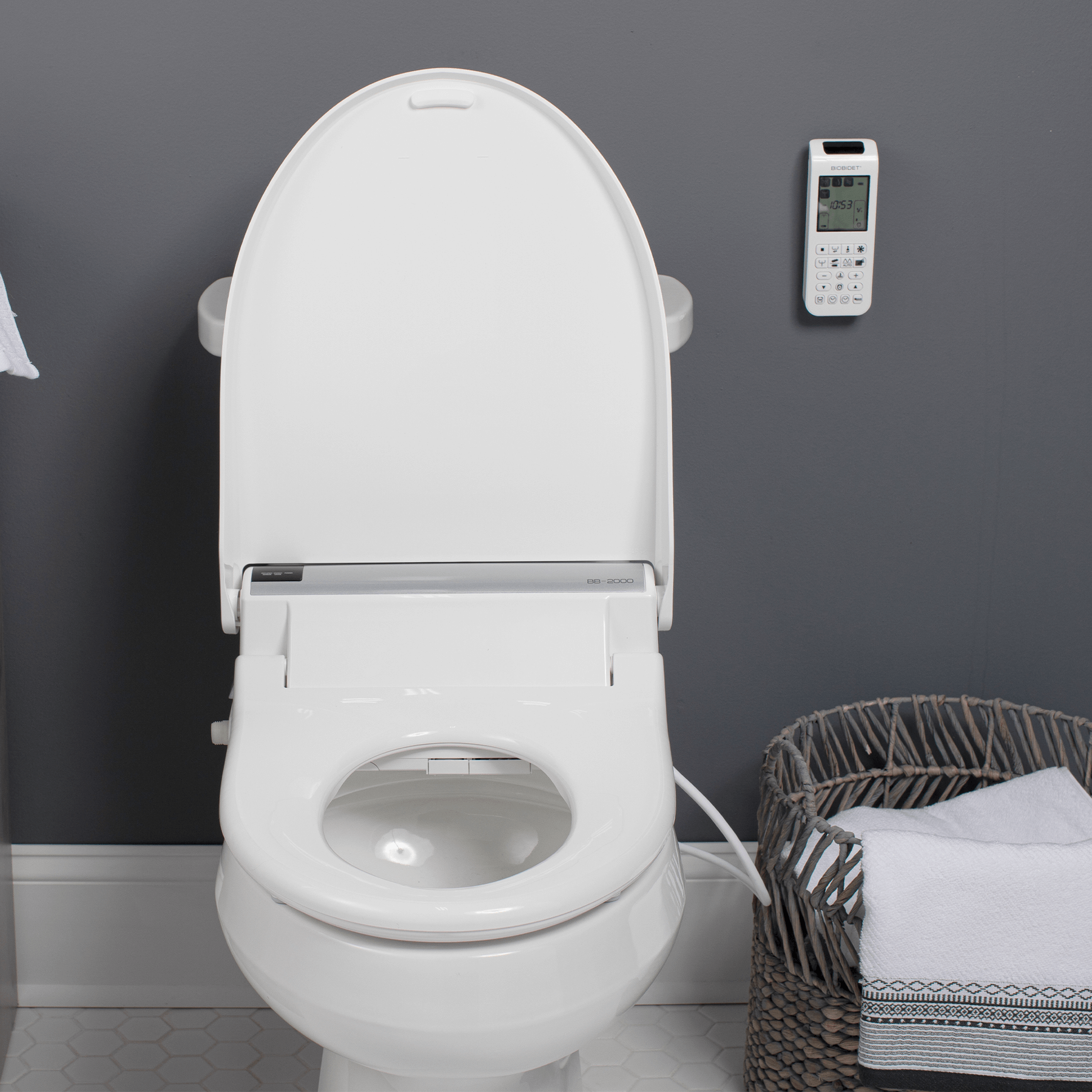 BB-2000 Bio Bidet Bliss Smart Toilet Seat - Front view of seat installed on toilet with lid up
