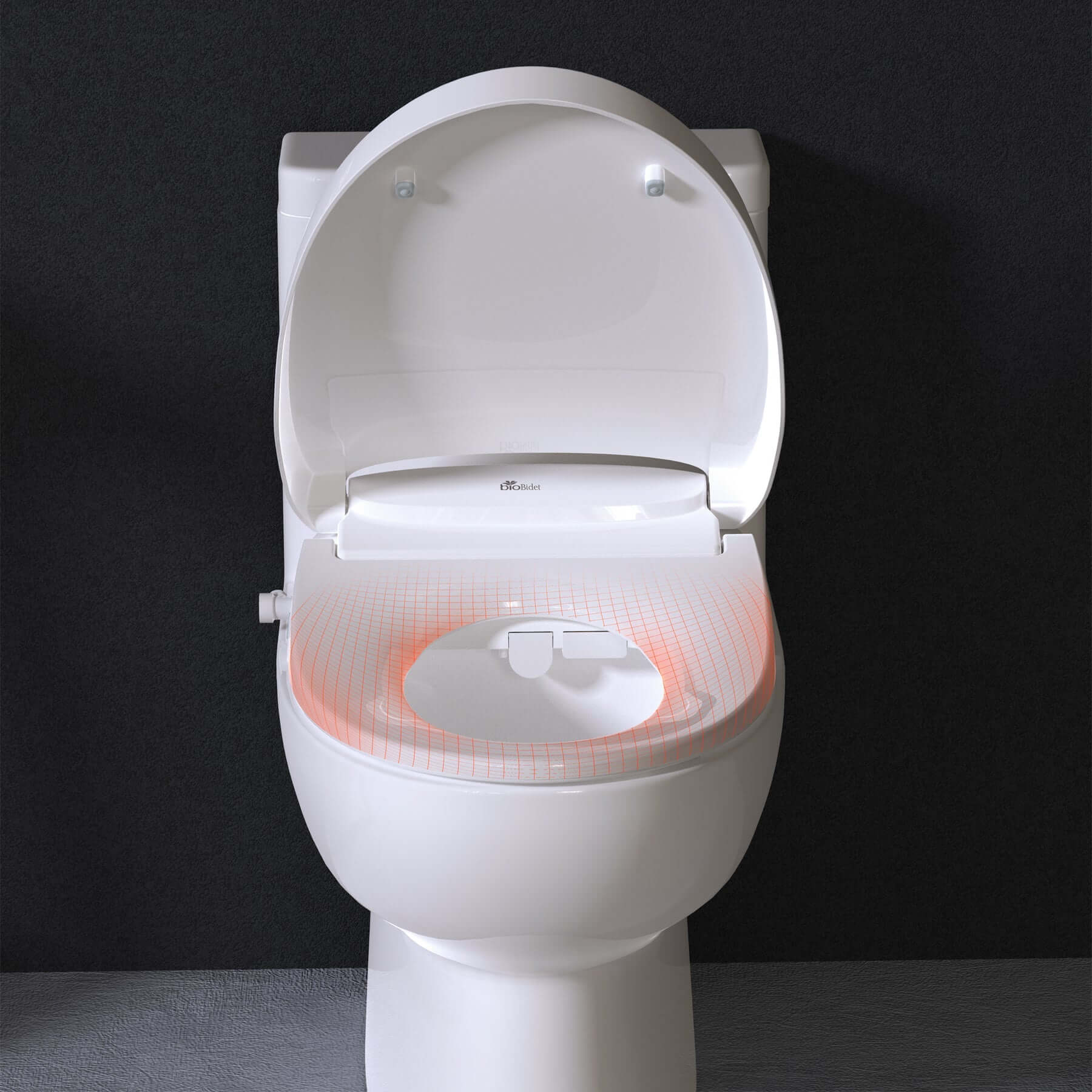 Bio Bidet Discovery DLS Smart Toilet Seat - Front view of seat installed on toilet with lid up showing seat warm feature