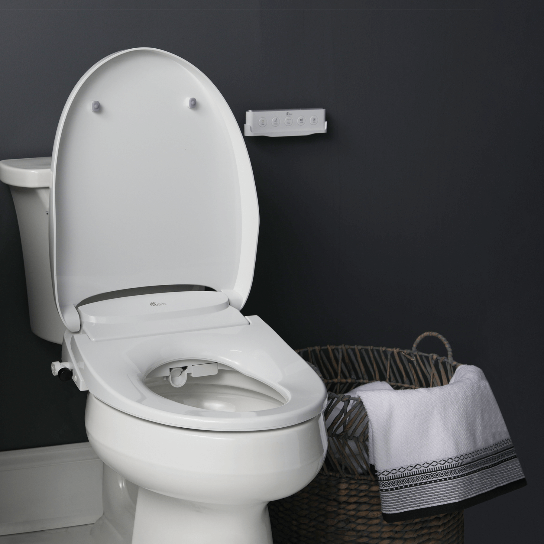 Bio Bidet Discovery DLS Smart Toilet Seat - Diagonal view of seat installed on toilet with lid up