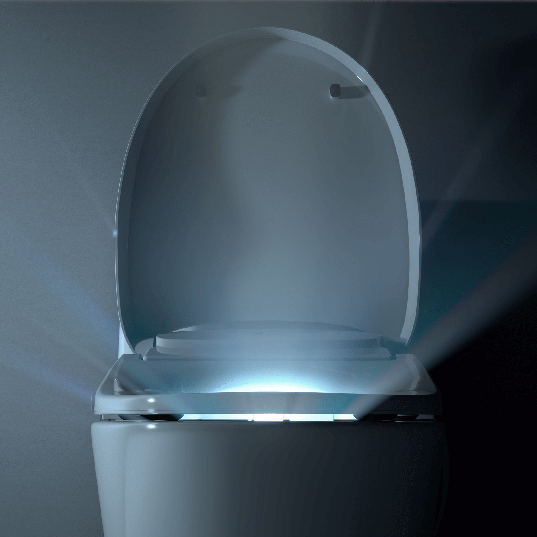 Bio Bidet Discovery DLS Smart Toilet Seat - Dark view from front of toilet with lid raised and night light on 