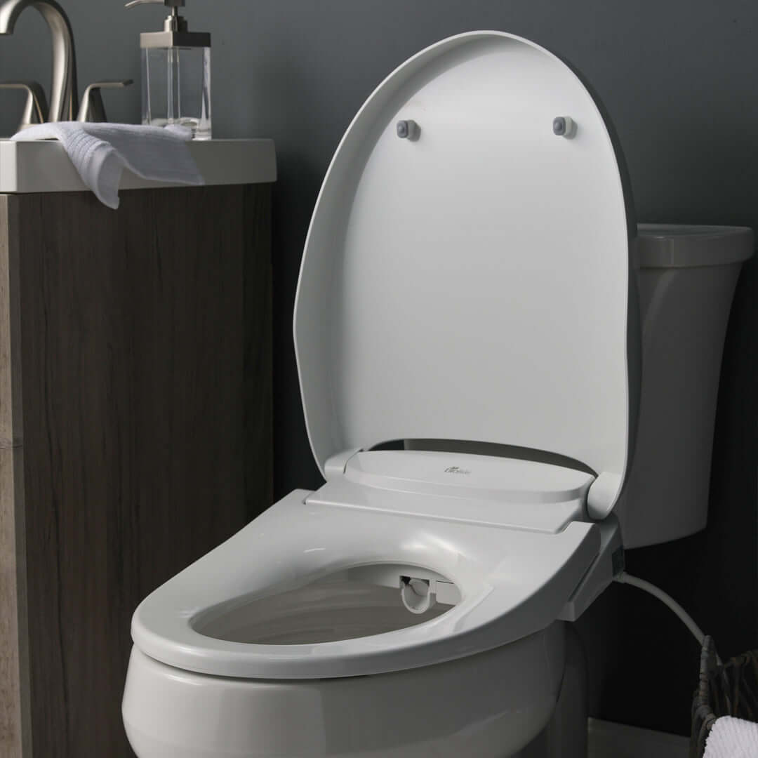 Bio Bidet Discovery DLS Smart Toilet Seat - Diagonal view of seat installed on toilet with lid up