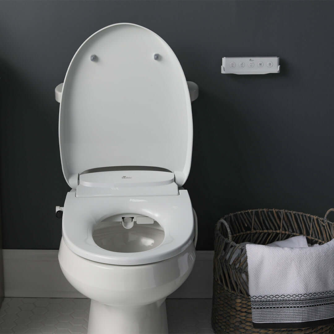 Bio Bidet Discovery DLS Smart Toilet Seat - Front view of seat installed on toilet with lid up