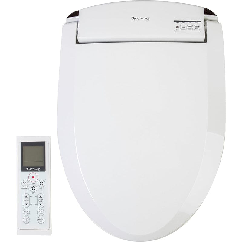 Blooming Bidet R1063 Smart Bidet Toilet Seat - Side view with lid down with remote at side