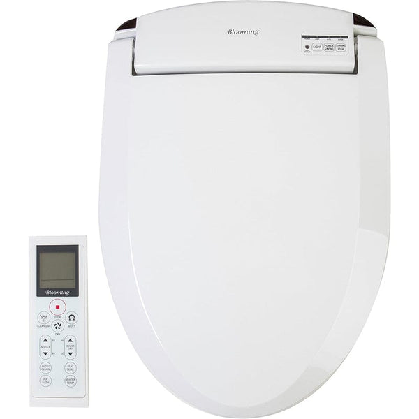 Blooming Bidet R1063 Smart Bidet Toilet Seat - Side view with lid down with remote at side