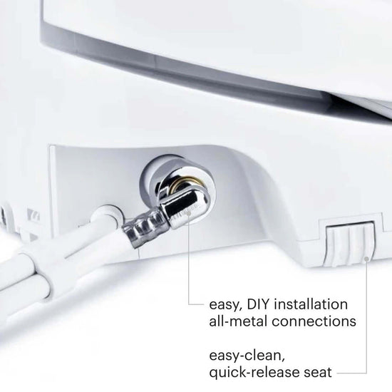Close-up of Brondell Swash 1400 bidet seat showing easy DIY installation and all-metal connections for convenience.