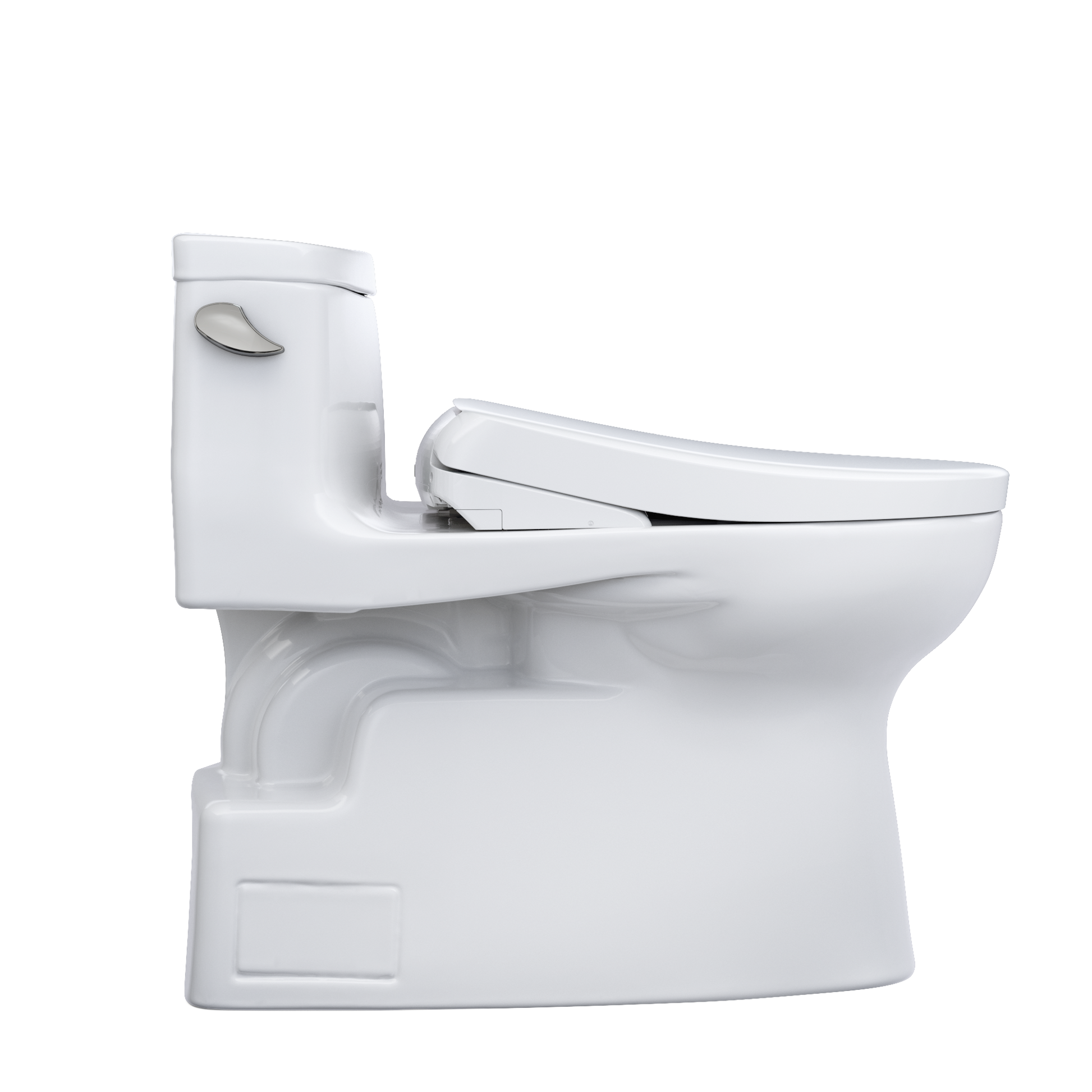 White toilet with seat on a white background