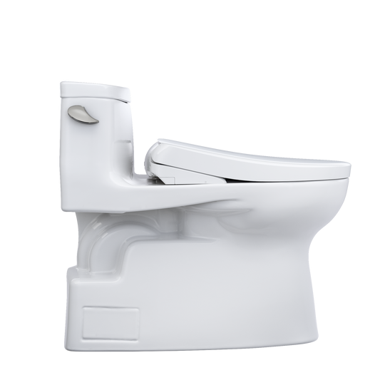 White toilet with seat on a white background