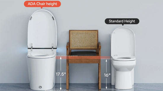 Comparison of ADA chair height and standard height toilets with a chair between them.