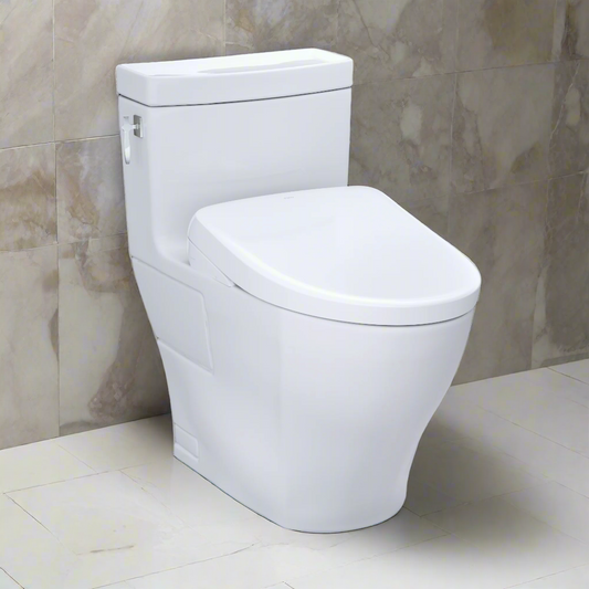 White toilet against a beige tiled wall