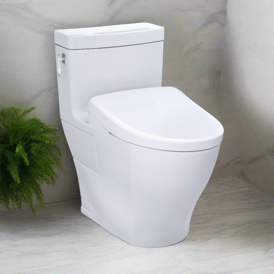 White toilet against a neutral wall with a plant on the left side.