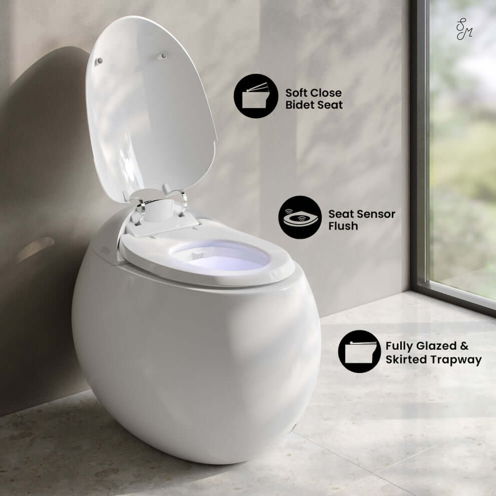 Swiss Madison Plaisir Round Smart Bidet Toilet showcasing features like soft close bidet seat and seat sensor flush.
