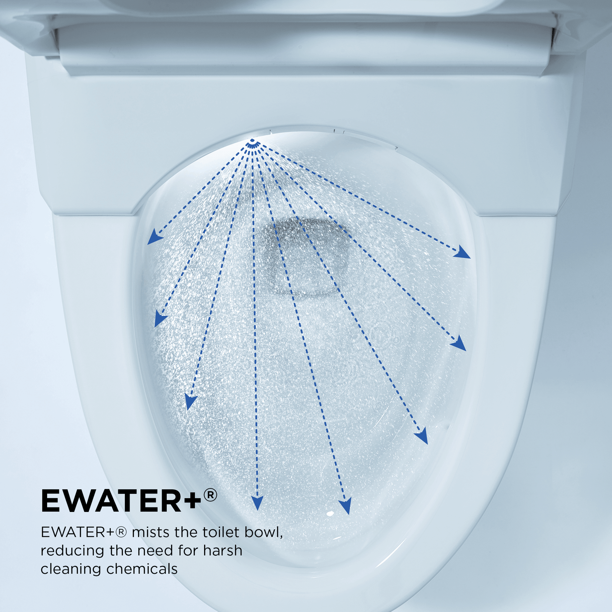 Toilet bowl with EWater+ misting system shown, reducing the need for harsh cleaning chemicals.