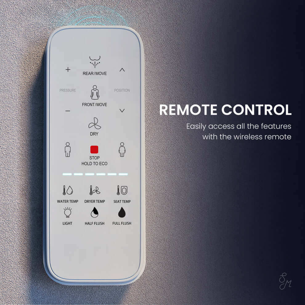 Remote control for Swiss Madison Viro V15 Signature Smart Bidet Toilet, featuring easy access to all functions.