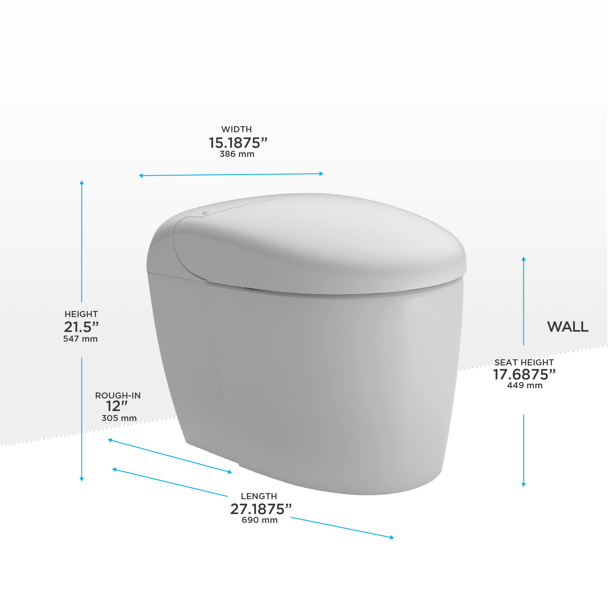 Gray toilet with dimensions labeled on a white background