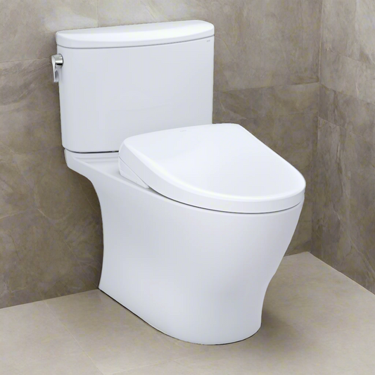 TOTO Nexus Washlet+ toilet with S7A smart bidet in a bathroom with tile floors and beige walls. 