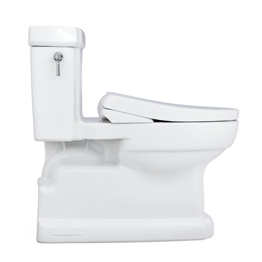 White toilet with closed seat on a white background