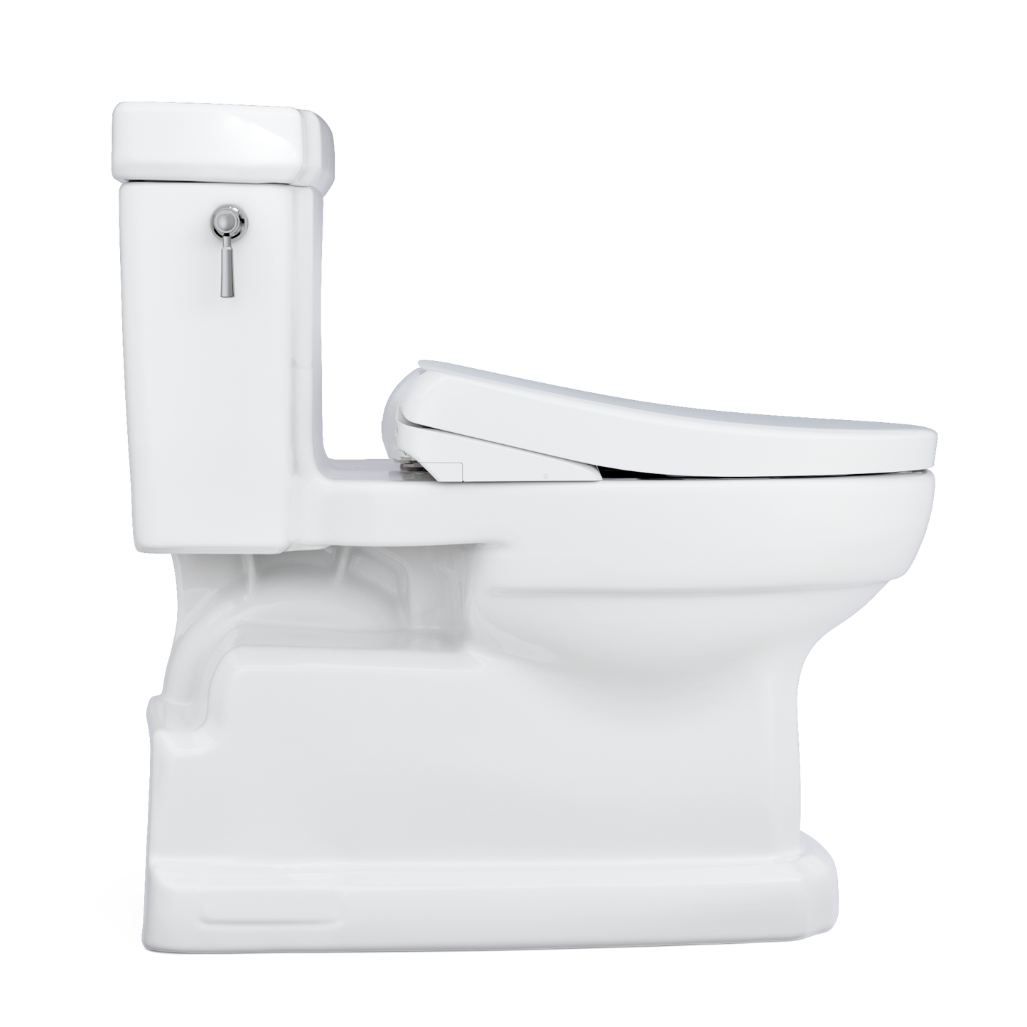 White toilet with closed seat on a white background
