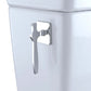 Close-up of the chrome flush handle on a white toilet design, showcasing sleek and modern features.